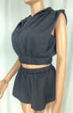 Summer Casual black hoodies with zipper Sleeveless top and shorts matching set