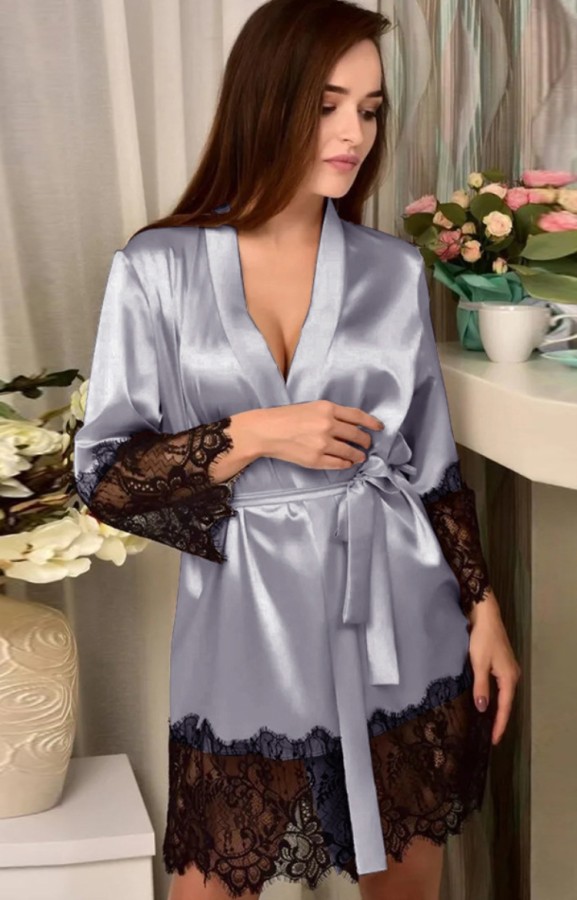 Sexy Gray Satin and Lace Patching Robe Pajama