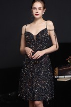 Summer Elegant Black Sequins Sleeveless Strap A-line Cocktail Party Dresses