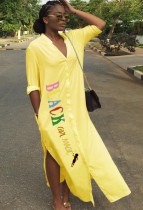 Summer Casual lettre jaune Imprimer avec robe chemise longue à boutons ouverts