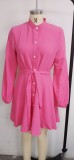 Autumn Casual pink button open with belt long sleeve Ruffled midi Dress