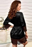 Sexy Black Satin and Lace Patching Robe Pajama