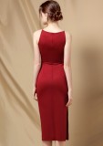 Elegant Red Side Split Sleeveless Round Neck Skinny Formal Midi Dress
