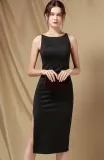 Elegant Black Side Split Sleeveless Round Neck Skinny Formal Midi Dress