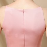 Elegant Pink Side Split Sleeveless Round Neck Skinny Formal Midi Dress