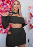 Autumn Casual black cut out long sleeve crop top and mini skirt matching set