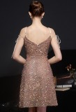 Summer Elegant Champagne Sequins Sleeveless Strap A-line Cocktail Party Dresses