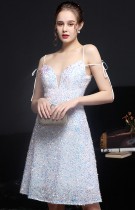 Summer Elegant White Sequins Sleeveless Strap A-line Cocktail Party Dresses