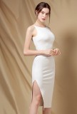 Elegant White Side Split Sleeveless Round Neck Skinny Formal Midi Dress