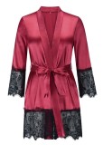 Sexy Red Satin and Lace Patching Robe Pajama