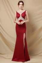 Elegant Beaded Red Side Split Sleeveless Mermaid Evening Dress