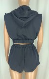 Summer Casual black hoodies with zipper Sleeveless top and shorts matching set