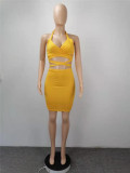 Mini vestido fruncido con cuello halter amarillo recortado sexy de verano