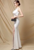 Elegant Beaded White Side Split Sleeveless Mermaid Evening Dress