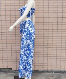 Summer Sexy Blue and White Pirnt Bandeau Top and High Wasit Wide Pants Set