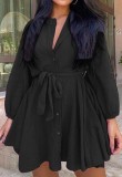 Autumn Casual black button open with belt long sleeve Ruffled midi Dress