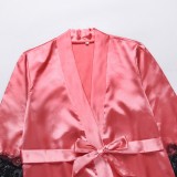 Sexy Pink Satin and Lace Patching Robe Pajama