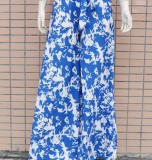 Summer Sexy Blue and White Pirnt Bandeau Top and High Wasit Wide Pants Set