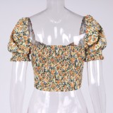 Summer Sexy Floral Sweetheart Kno Neck Blouse with Bubble Sleeve