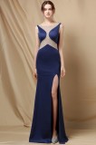Elegante vestido de noche de sirena sin mangas con abertura lateral azul real con cuentas
