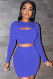 Autumn Casual blue cut out long sleeve crop top and mini skirt matching set