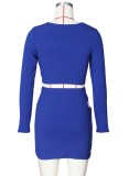 Autumn Casual blue cut out long sleeve crop top and mini skirt matching set