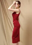 Elegant Red Side Split Sleeveless Round Neck Skinny Formal Midi Dress