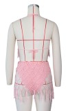 Summer pink Beachwear with mesh tassel covered up 2 piece set