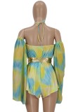 Summer Sexy Colorful Print Halter Playsuit with Flare Sleeve