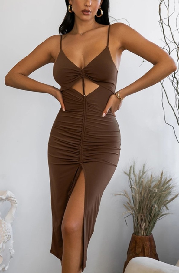 Vestido largo con tirantes divididos con cordón ahuecado marrón sexy de verano