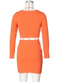 Autumn Casual orange cut out long sleeve crop top and mini skirt matching set