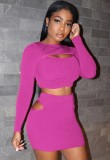 Autumn Casual purple cut out long sleeve crop top and mini skirt matching set