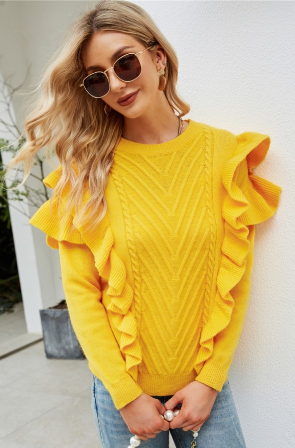 Suéter de manga larga con volantes de cuello redondo amarillo otoño