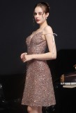 Summer Elegant Champagne Sequins Sleeveless Strap A-line Cocktail Party Dresses