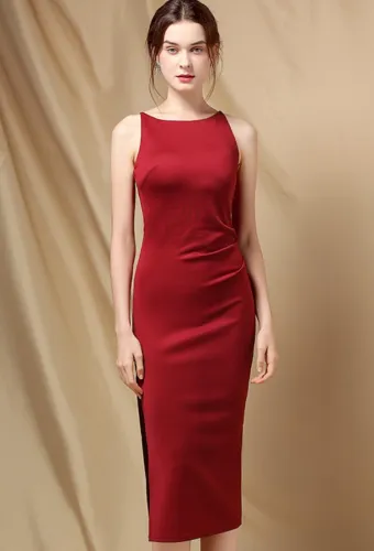 Elegant Red Side Split Sleeveless Round Neck Skinny Formal Midi Dress