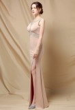 Elegant Beaded Apricot Side Split Sleeveless Mermaid Evening Dress
