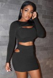 Autumn Casual black cut out long sleeve crop top and mini skirt matching set