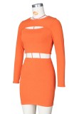 Autumn Casual orange cut out long sleeve crop top and mini skirt matching set