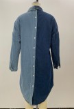 Autumn Casual Blue Loose Contrast Long Washed Denim Shirt