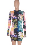 Autumn Colorful Sexy Blackless Bodycon Dress with Flare Sleeve