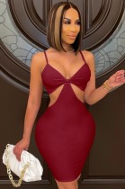 Summer Sexy Burgundy Strap Hollow Out Bodycon Dress