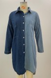 Autumn Casual Blue Loose Contrast Long Washed Denim Shirt