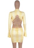 Autumn Yellow Sexy Blackless Bodycon Dress with Flare Sleeve