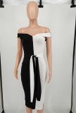 Summer Elegant Black and White Contrast Off Shoulder Split Knitted Midi Dress