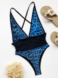 Summer Sexy Blue Leopard Patchwork Deep V Neck One Piece Swimsuit