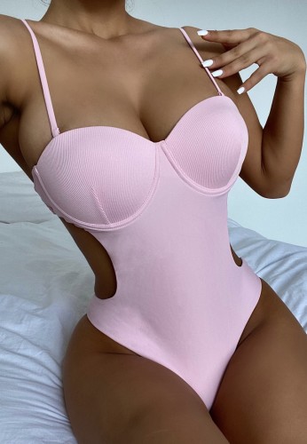 Summer Sexy Pink Hollow Out Strap One Piece Swimsuit