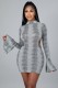 Autumn Gray Sexy Blackless Bodycon Dress with Flare Sleeve