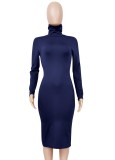 Autumn Elegant Blue High Neck Long Sleeve Midi Dress