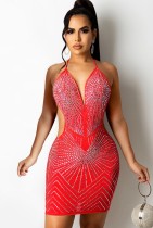 Mini vestido de club sin espalda con cuentas rojas sexy de verano