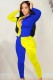 Autumn Casual Yellow and Blue Contrast Long Sleeve Shirt and Matching Pants Set